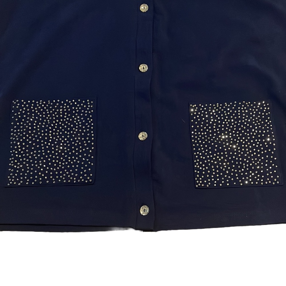 Quacker Factory Navy Blue Long Sleeve Knit Cardigan Rhinestone Pockets Small - Picture 3 of 7